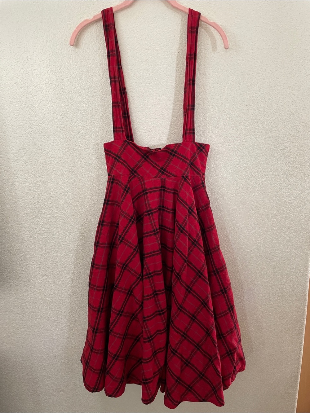 Magnolia Place Red Plaid A-Line Suspender full Skirt western cottage S 26x28